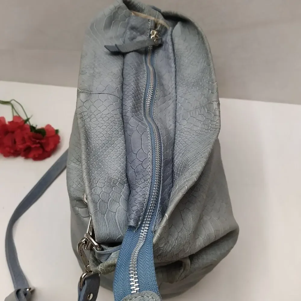Gianni Chiarini Light Blue Leather Snakeskin Embossed Tassel Hobo Shoulder Bag